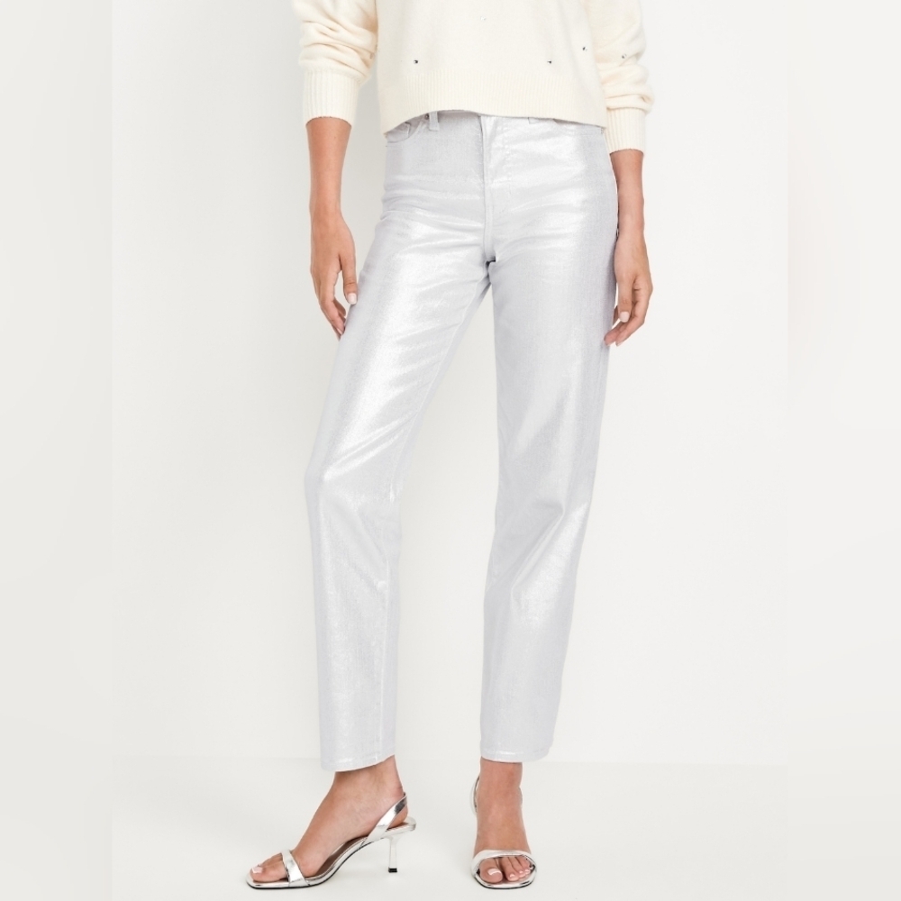 12 • Old Navy • Metallic Silver Shine High Waisted Vintage Slim Jeans